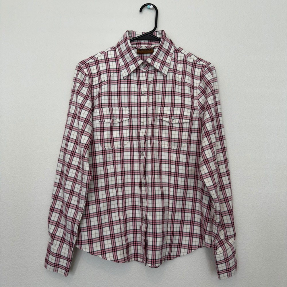 Outback Trading Co Rodeo Girl Shirt Womens MD Pink Plaid Excellent‎ Pearl Snap